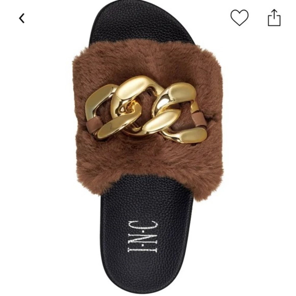 INC Brown Fur Gold Chain Slides